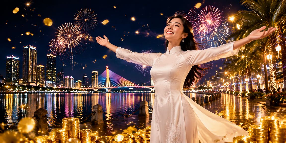 Người phụ nữ mặc áo dài tại Đà Nẵng xem thông tin nạp tiền và nhận bonus trên điện thoại