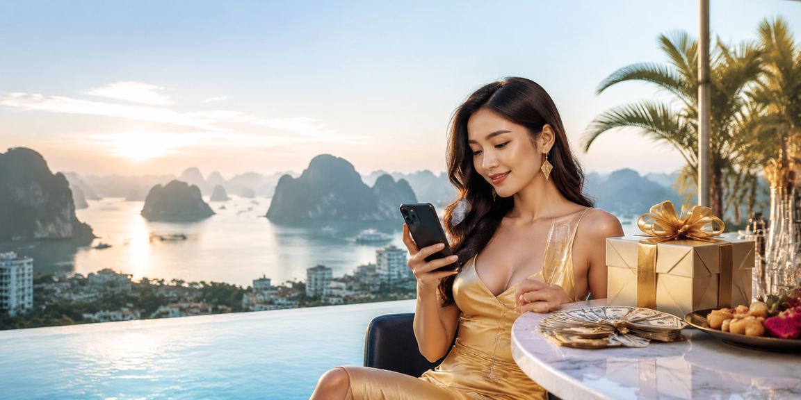 Người dùng dùng điện thoại xem tỷ lệ kèo thể thao tại Vịnh Hạ Long