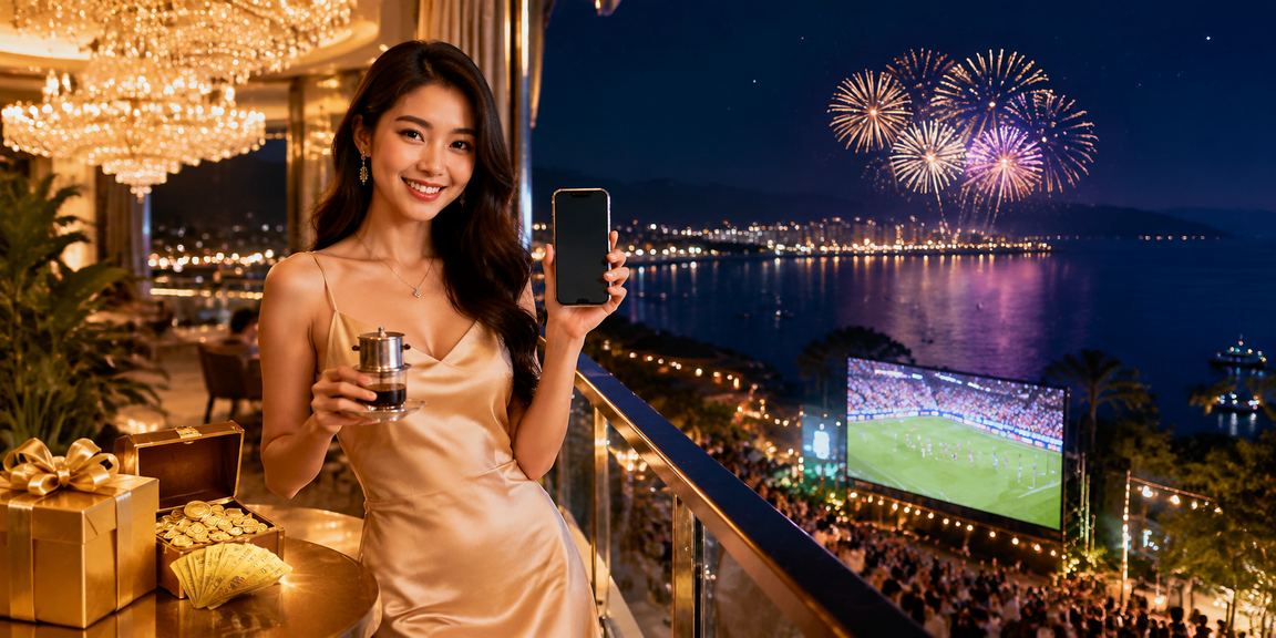 Người dùng tại Phú Quốc ngồi cà phê đọc điều khoản tài khoản và thông tin cashback bonus